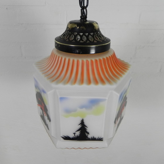 Image 1 of Art Deco Pendant Lamp With Glass Shade With Nature Scenes, 1930s