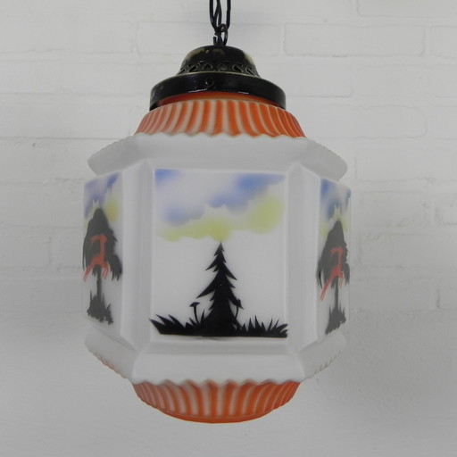 Art Deco Pendant Lamp With Glass Shade With Nature Scenes, 1930s