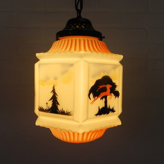 Image 1 of Art Deco Pendant Lamp With Glass Shade With Nature Scenes, 1930s