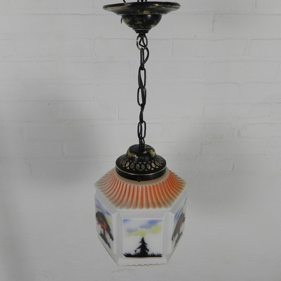 Image 1 of Art Deco Pendant Lamp With Glass Shade With Nature Scenes, 1930s