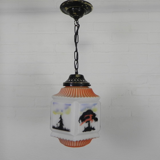 Image 1 of Art Deco Pendant Lamp With Glass Shade With Nature Scenes, 1930s