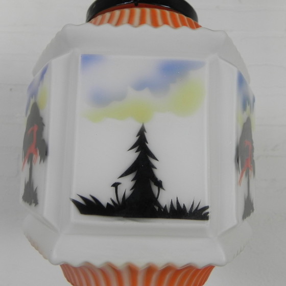 Image 1 of Art Deco Pendant Lamp With Glass Shade With Nature Scenes, 1930s