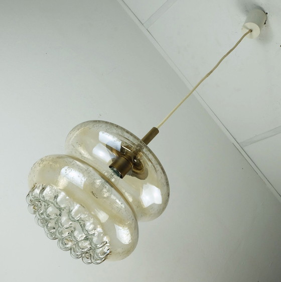 Image 1 of 1960's mid century PENDANT LIGHT bubble amber glass and brass 