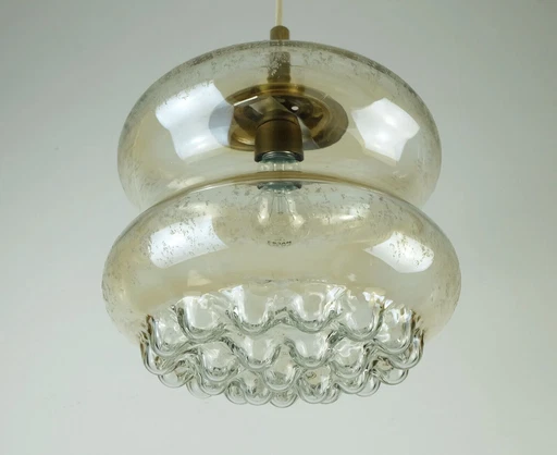 1960's mid century PENDANT LIGHT bubble amber glass and brass 