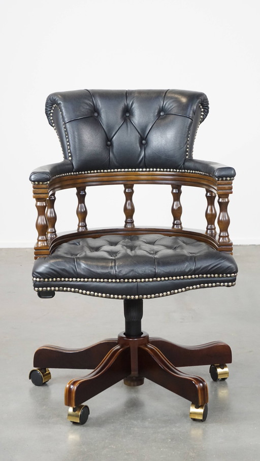 Dark Blue Cowhide Leather Chesterfield Office Chair on Wheels