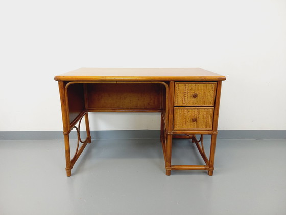 Image 1 of Vintage Rattan, Woven Rattan and Wood Desk Style Maugrion for Roche-Bobois from the 70's