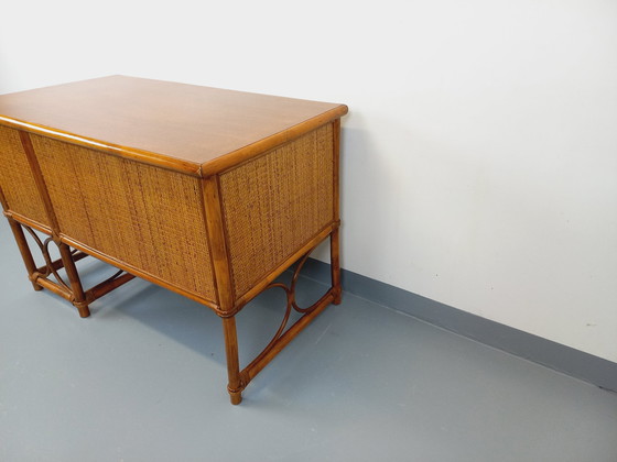 Image 1 of Vintage Rattan, Woven Rattan and Wood Desk Style Maugrion for Roche-Bobois from the 70's