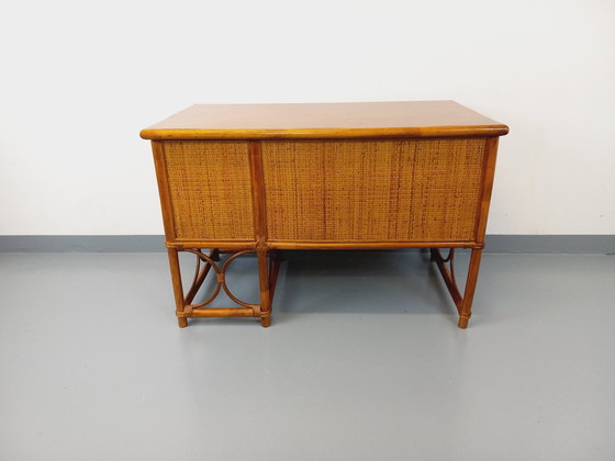 Image 1 of Vintage Rattan, Woven Rattan and Wood Desk Style Maugrion for Roche-Bobois from the 70's