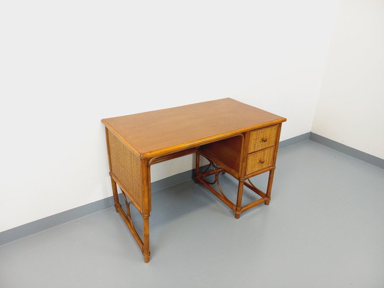 Image 1 of Vintage Rattan, Woven Rattan and Wood Desk Style Maugrion for Roche-Bobois from the 70's