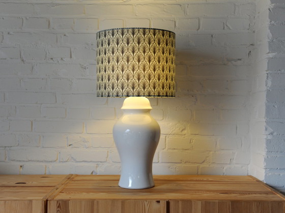 Image 1 of Vintage white porcelain table lamp with new handmade lampshade with botanical print