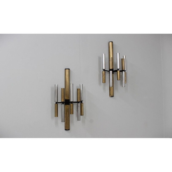 Image 1 of Pair of vintage brass and aluminum tube wall lamps by Stilnovo, 1950