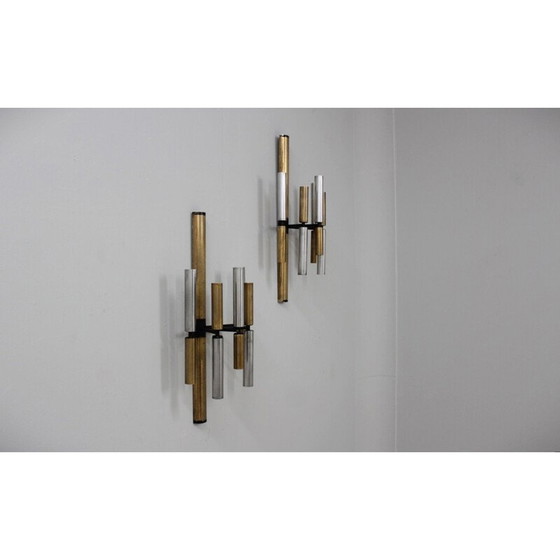 Image 1 of Pair of vintage brass and aluminum tube wall lamps by Stilnovo, 1950