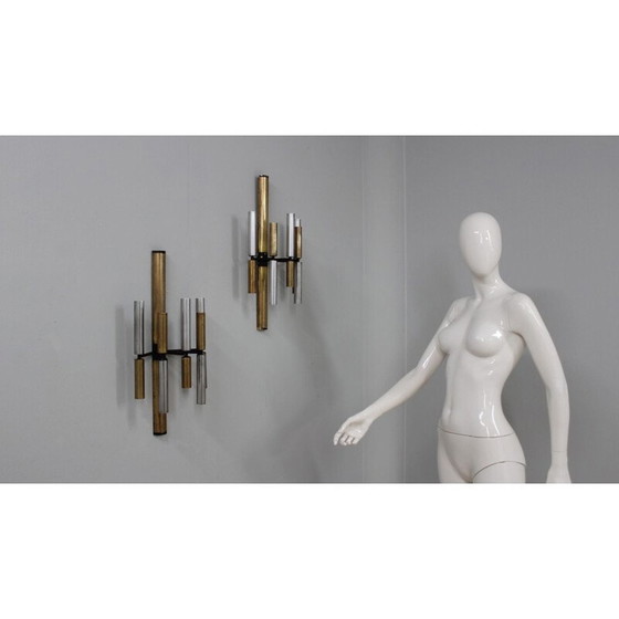 Image 1 of Pair of vintage brass and aluminum tube wall lamps by Stilnovo, 1950