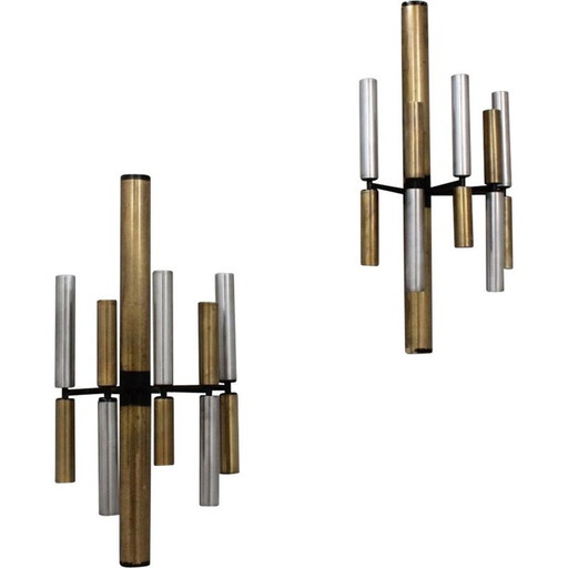 Pair of vintage brass and aluminum tube wall lamps by Stilnovo, 1950