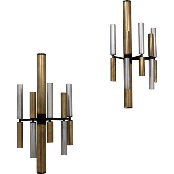 Image 1 of Pair of vintage brass and aluminum tube wall lamps by Stilnovo, 1950