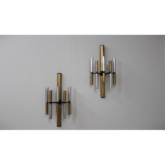 Image 1 of Pair of vintage brass and aluminum tube wall lamps by Stilnovo, 1950