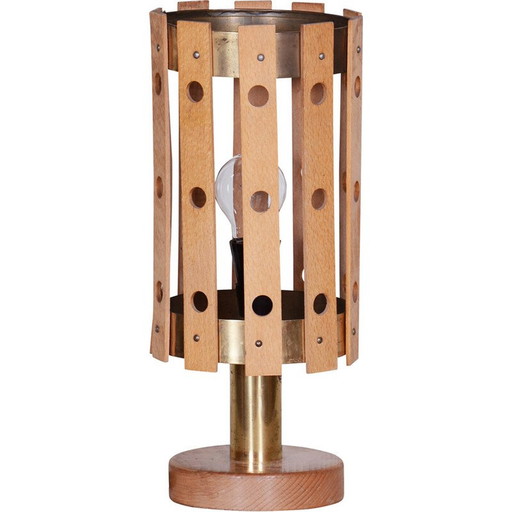 Mid century table lamp in beechwood and brass by Pokrok Zilina, Slovakia 1960s