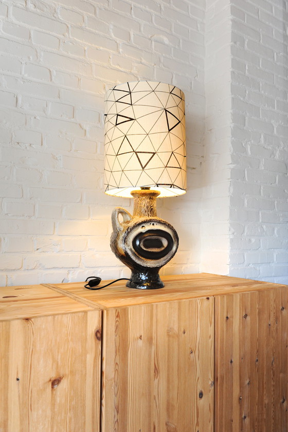 Image 1 of Walter Becht ceramic table lamp with new handmade lampshade with graphic print