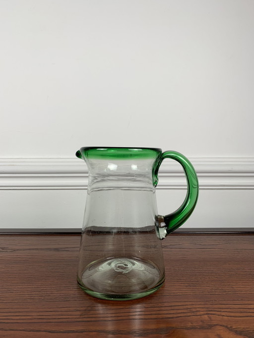  Vintage Blown Glass Jug, Green Edging