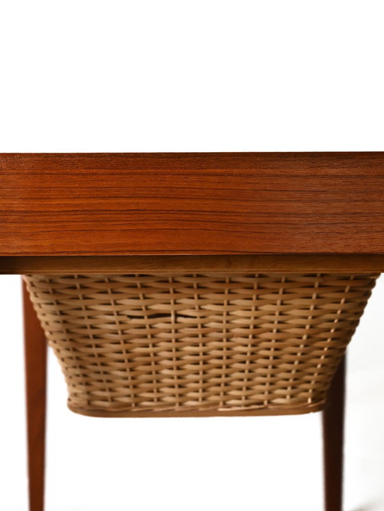 Image 1 of Severin Hansen Vintage Teak Sewing Table With Woven Rattan Shelf, 1960S Scandinavian Design