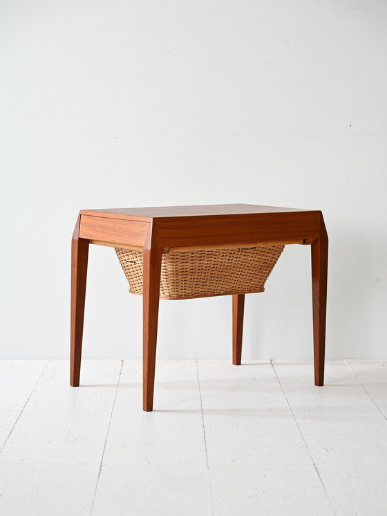 Image 1 of Severin Hansen Vintage Teak Sewing Table With Woven Rattan Shelf, 1960S Scandinavian Design