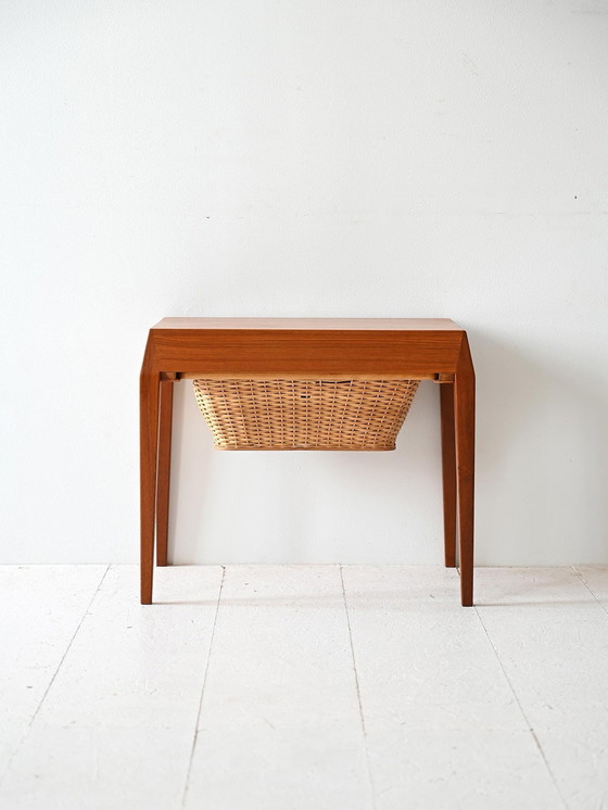 Image 1 of Severin Hansen Vintage Teak Sewing Table With Woven Rattan Shelf, 1960S Scandinavian Design