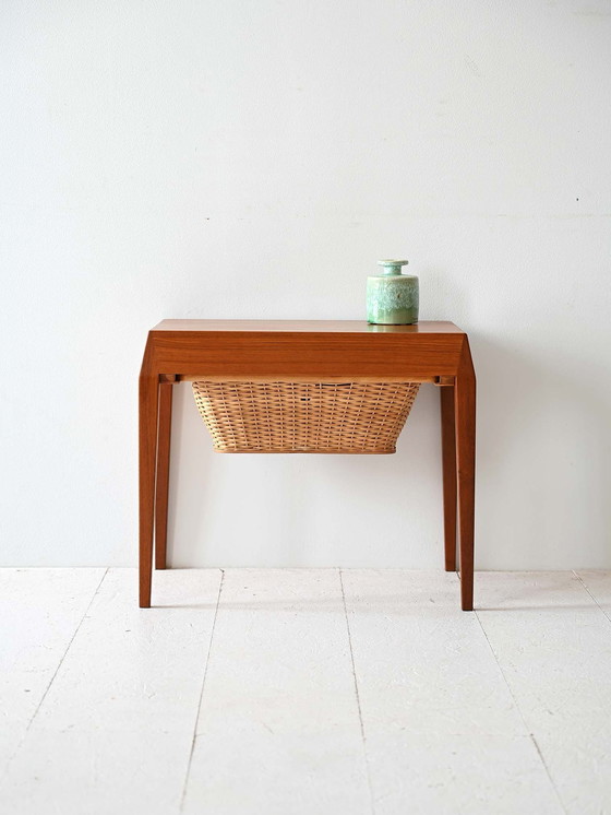 Image 1 of Severin Hansen Vintage Teak Sewing Table With Woven Rattan Shelf, 1960S Scandinavian Design