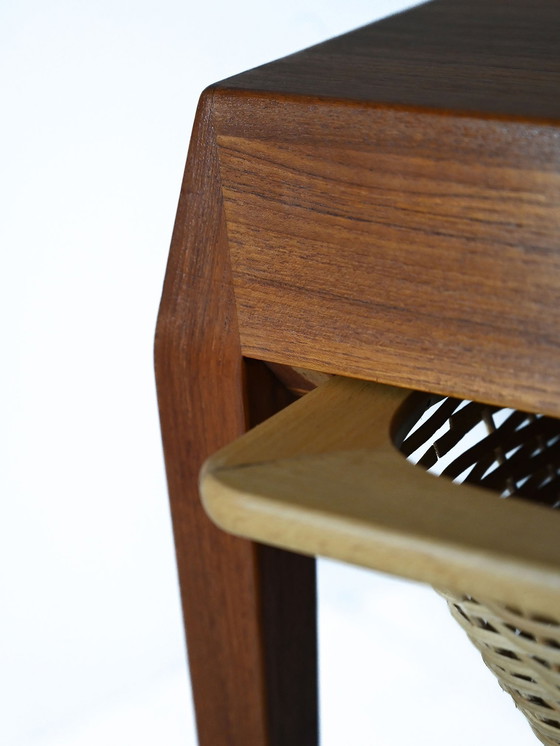 Image 1 of Severin Hansen Vintage Teak Sewing Table With Woven Rattan Shelf, 1960S Scandinavian Design