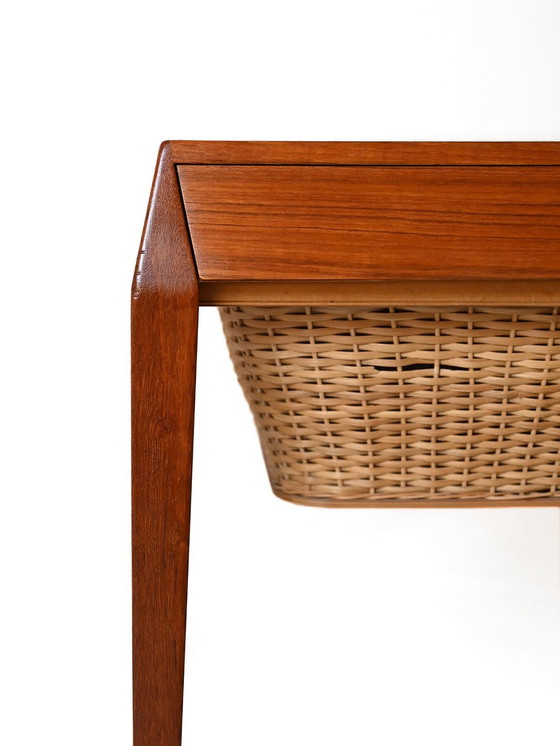 Image 1 of Severin Hansen Vintage Teak Sewing Table With Woven Rattan Shelf, 1960S Scandinavian Design