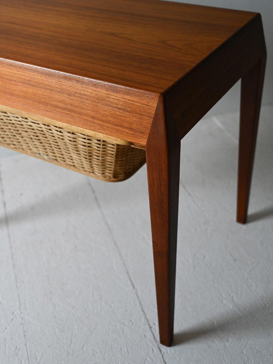 Image 1 of Severin Hansen Vintage Teak Sewing Table With Woven Rattan Shelf, 1960S Scandinavian Design
