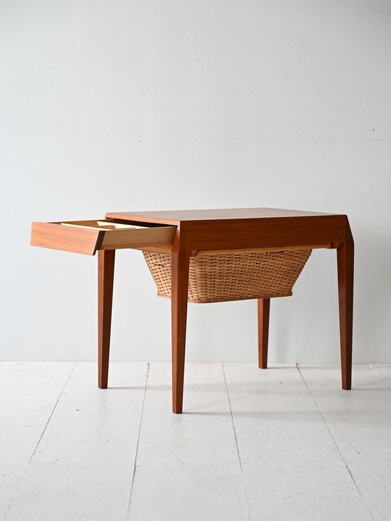 Image 1 of Severin Hansen Vintage Teak Sewing Table With Woven Rattan Shelf, 1960S Scandinavian Design
