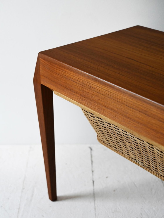 Image 1 of Severin Hansen Vintage Teak Sewing Table With Woven Rattan Shelf, 1960S Scandinavian Design