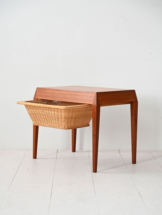 Image 1 of Severin Hansen Vintage Teak Sewing Table With Woven Rattan Shelf, 1960S Scandinavian Design