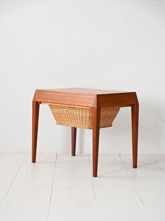 Image 1 of Severin Hansen Vintage Teak Sewing Table With Woven Rattan Shelf, 1960S Scandinavian Design