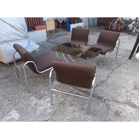 Image 1 of Set of 4 Vintage Hungarian Armchairs and Table Chromed Metal 1970 