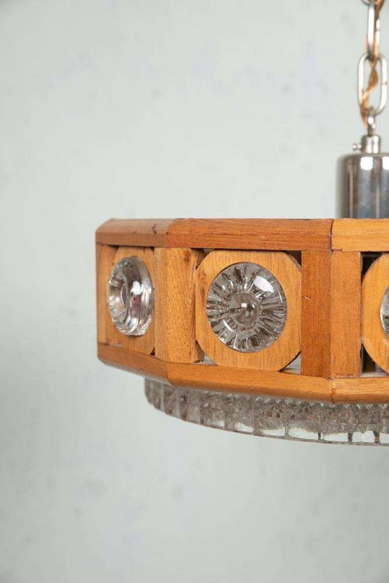 Image 1 of Lampada a sospensione vintage in vetro e legno, lampada a sospensione bohémien anni '60, Svezia