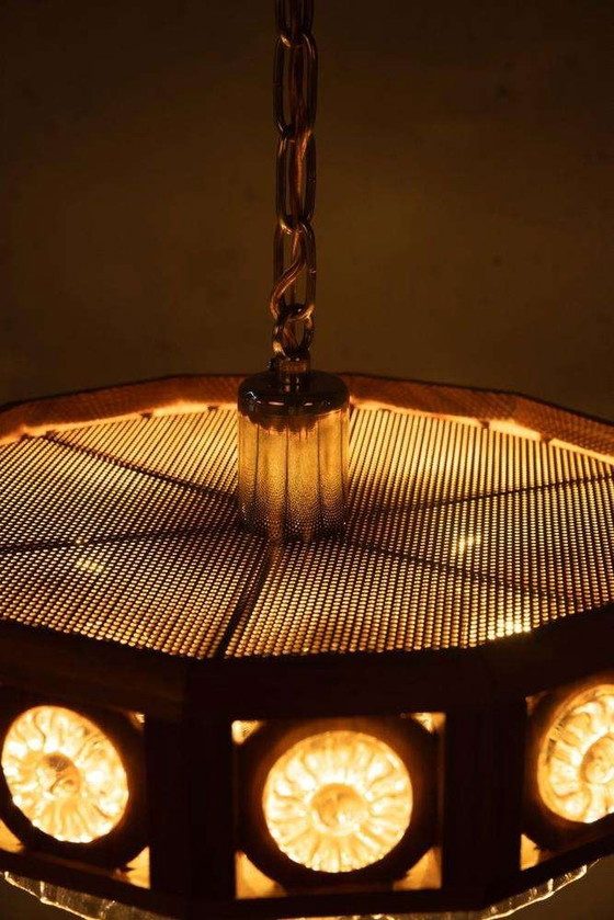 Image 1 of Lampada a sospensione vintage in vetro e legno, lampada a sospensione bohémien anni '60, Svezia