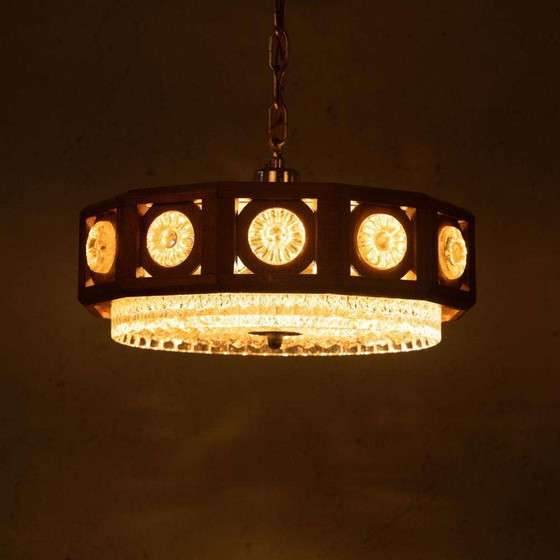 Image 1 of Lampada a sospensione vintage in vetro e legno, lampada a sospensione bohémien anni '60, Svezia