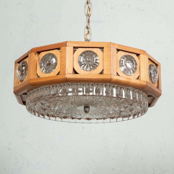 Image 1 of Lampada a sospensione vintage in vetro e legno, lampada a sospensione bohémien anni '60, Svezia