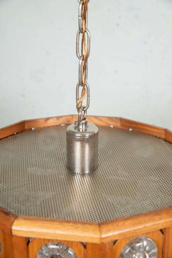 Image 1 of Lampada a sospensione vintage in vetro e legno, lampada a sospensione bohémien anni '60, Svezia