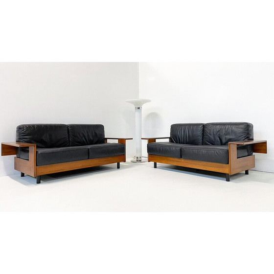 Image 1 of Mid-century Italian sofa in black leather and wood, 1960s