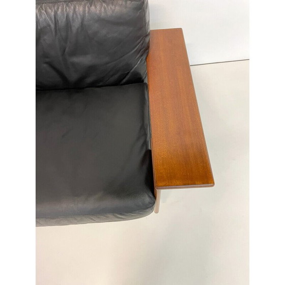 Image 1 of Mid-century Italian sofa in black leather and wood, 1960s