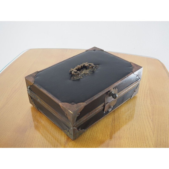 Image 1 of Vintage leather cigar box jewelry box, 1900