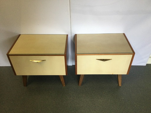 Vintage Nightstands From The 50s/60s With Flaps In Glossy Light Colored Veneer