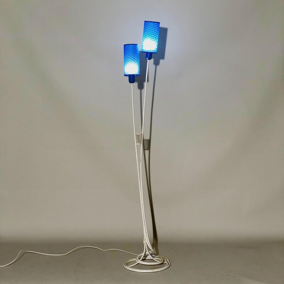 Image 1 of Vintage white floor lamp with blue shade, 1960
