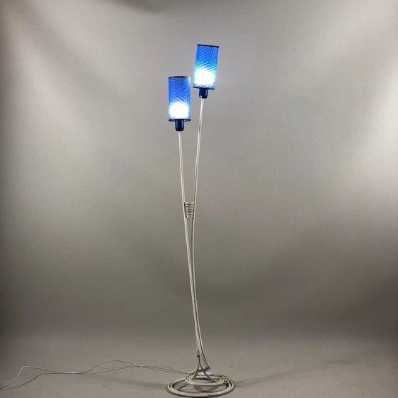 Image 1 of Vintage white floor lamp with blue shade, 1960