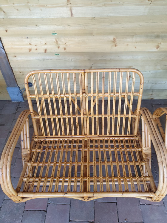 Image 1 of Bellissimo divano e poltrona vintage in rattan a 2 posti, stile Frankl