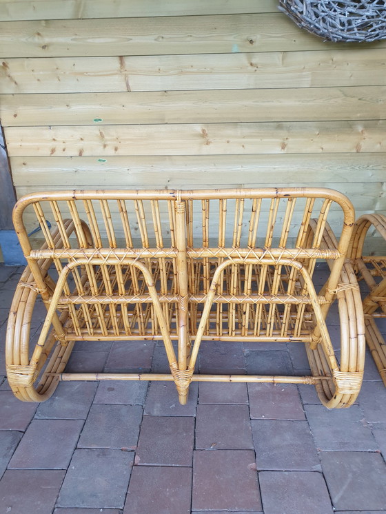 Image 1 of Bellissimo divano e poltrona vintage in rattan a 2 posti, stile Frankl