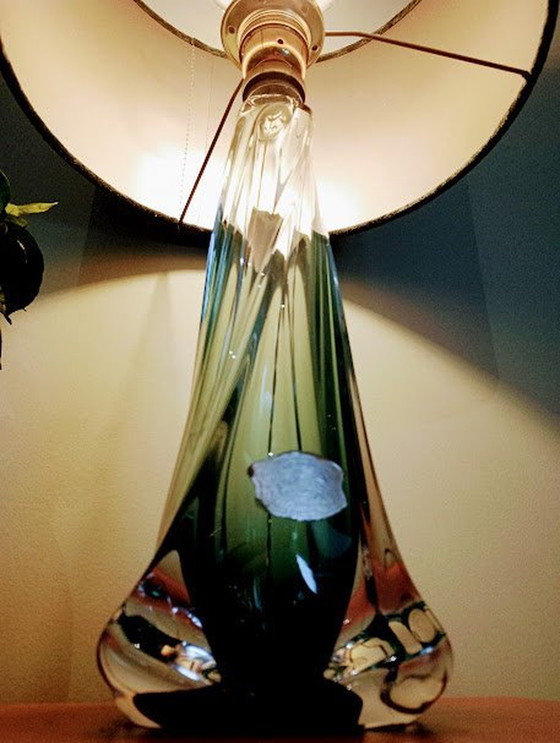 Image 1 of Val Saint Lambert Lamp With Green Velvet Lampshade