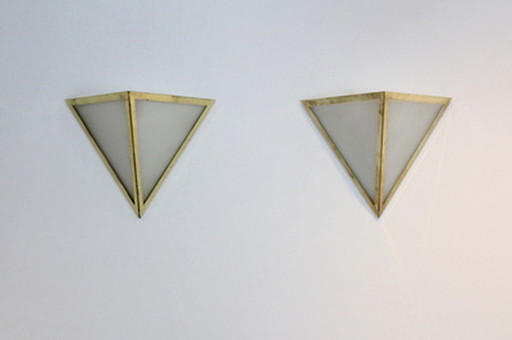 2x glashütte limburg triangle wall lamps brass & opal glass